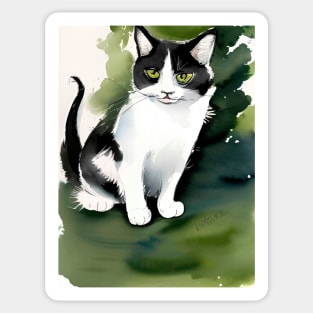 Watercolour Tuxedo Cat on a green lawn Copyright TeAnne Sticker